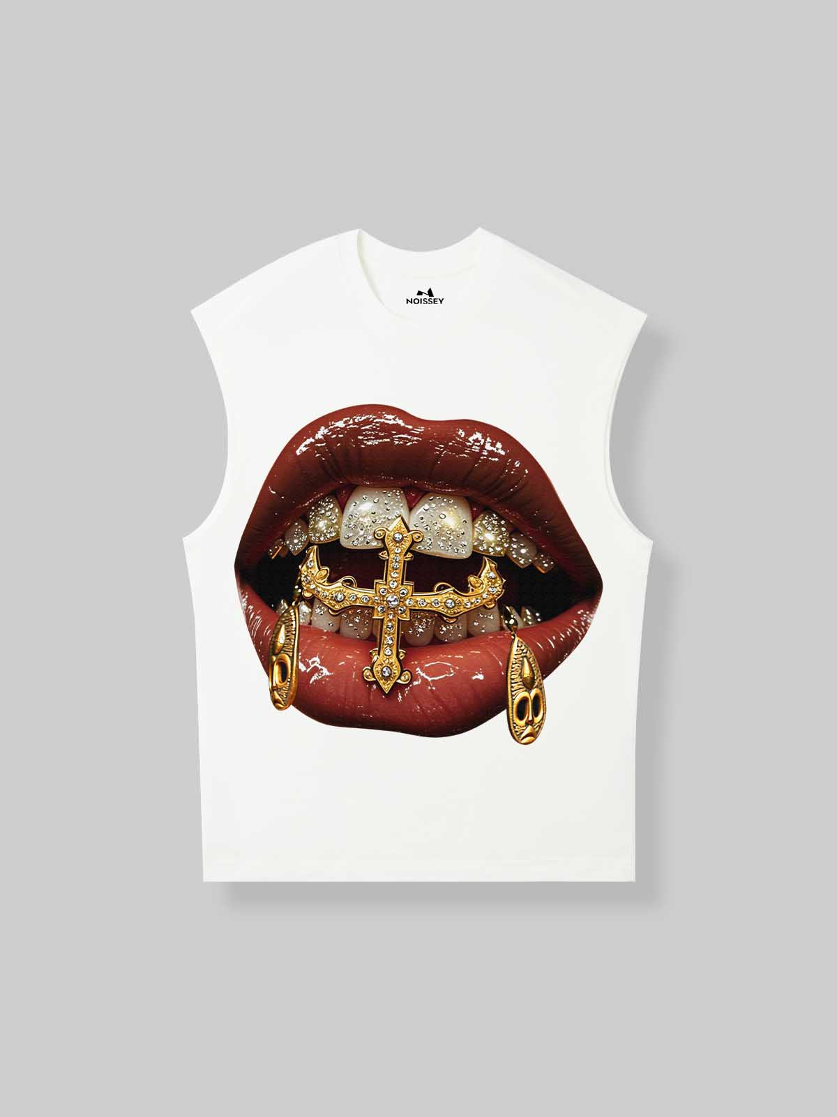 Gold Diamond Ring and Mask Culture Lip Print Tank Top
