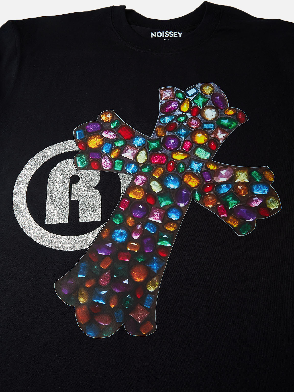 T-shirt imprimé texte scintillant avec croix en pierres précieuses BOUNCE BACK©