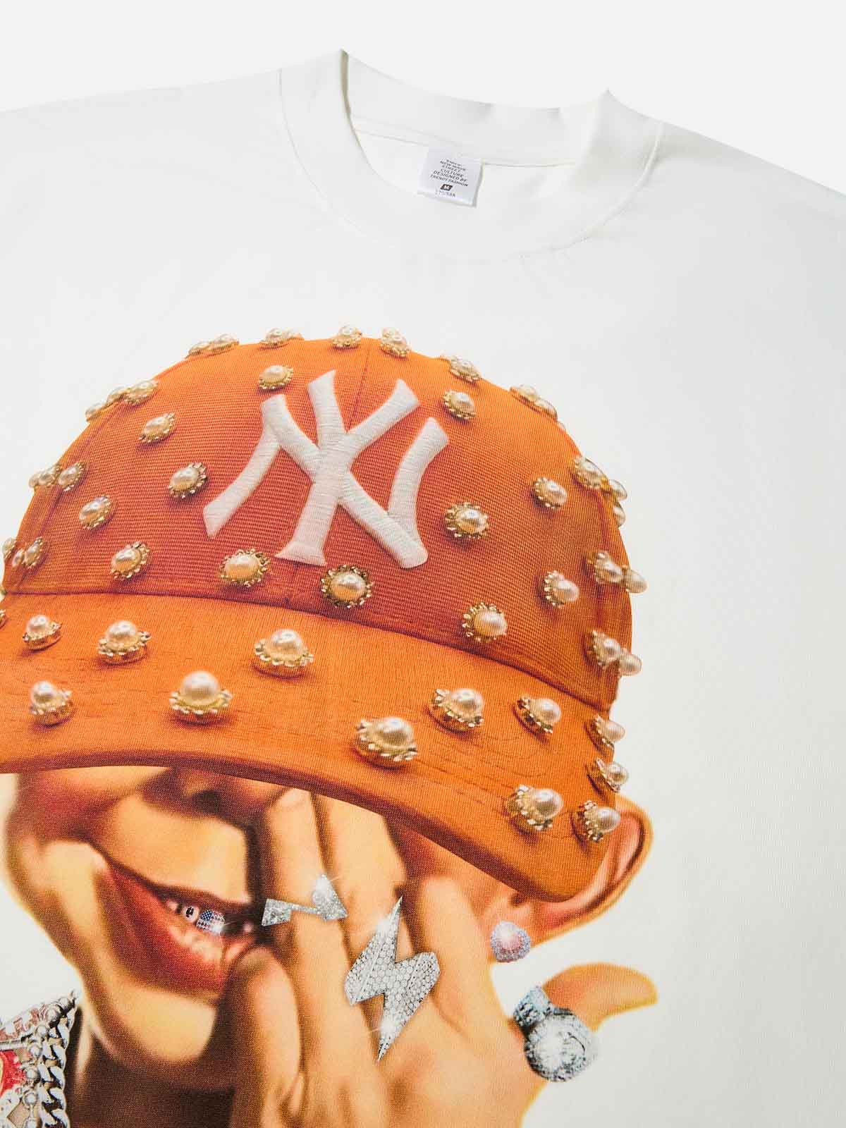 Boxy Oversized T-shirt Bad Boy with Orange Pearl Hat Print