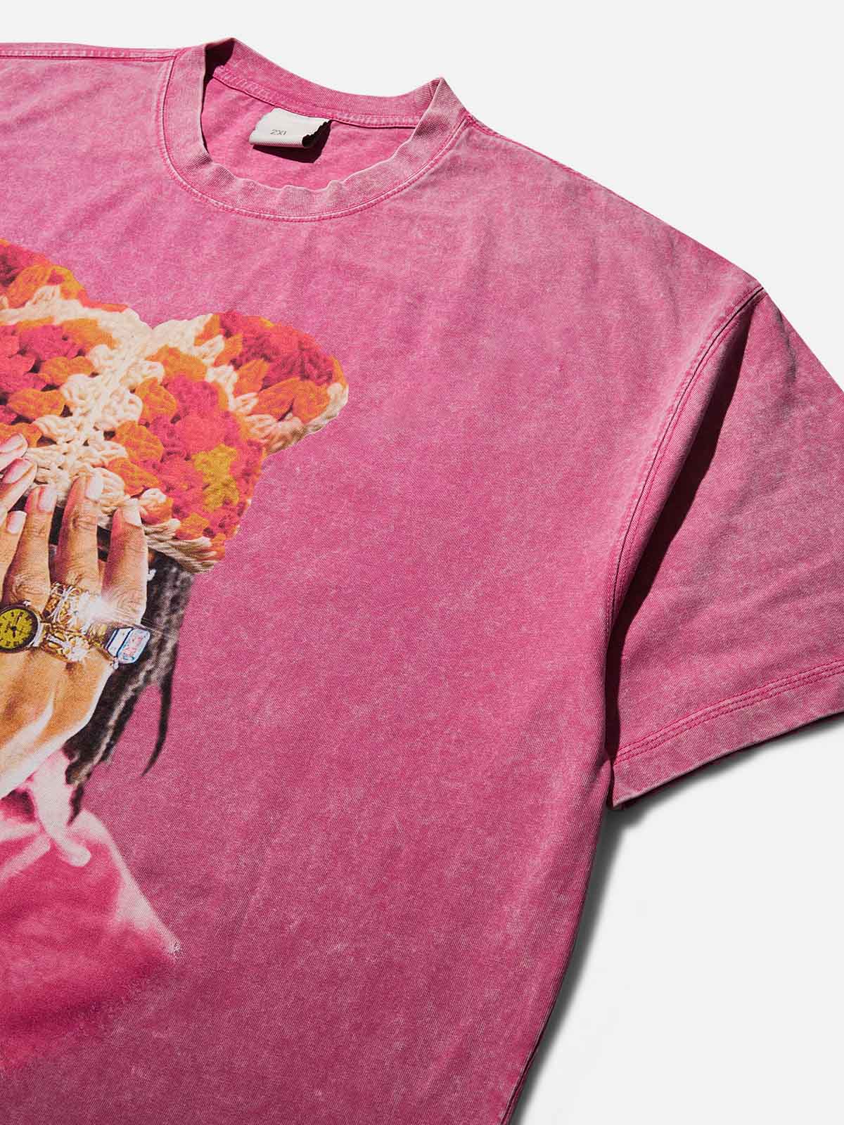 Jewel Ring & Orange Kitty Cap Wash Print T-shirt