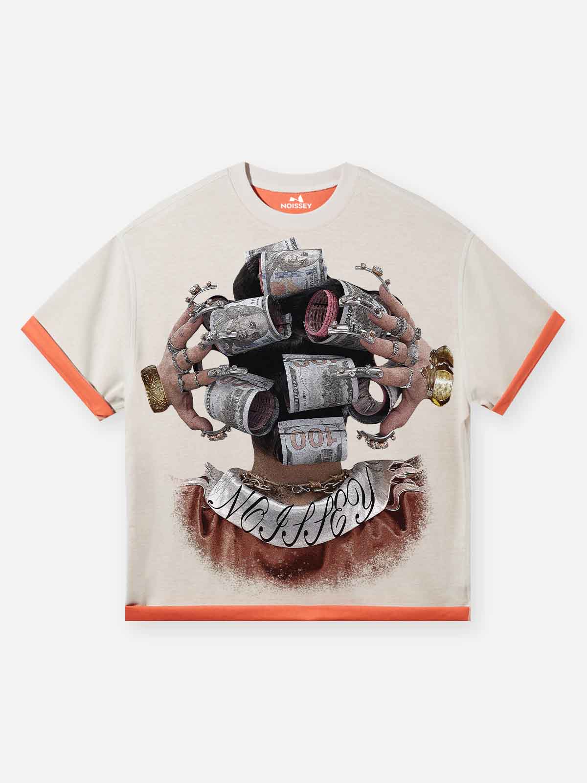Money-Wrapped Head Street Print Washed Two-Tone T-Shirt