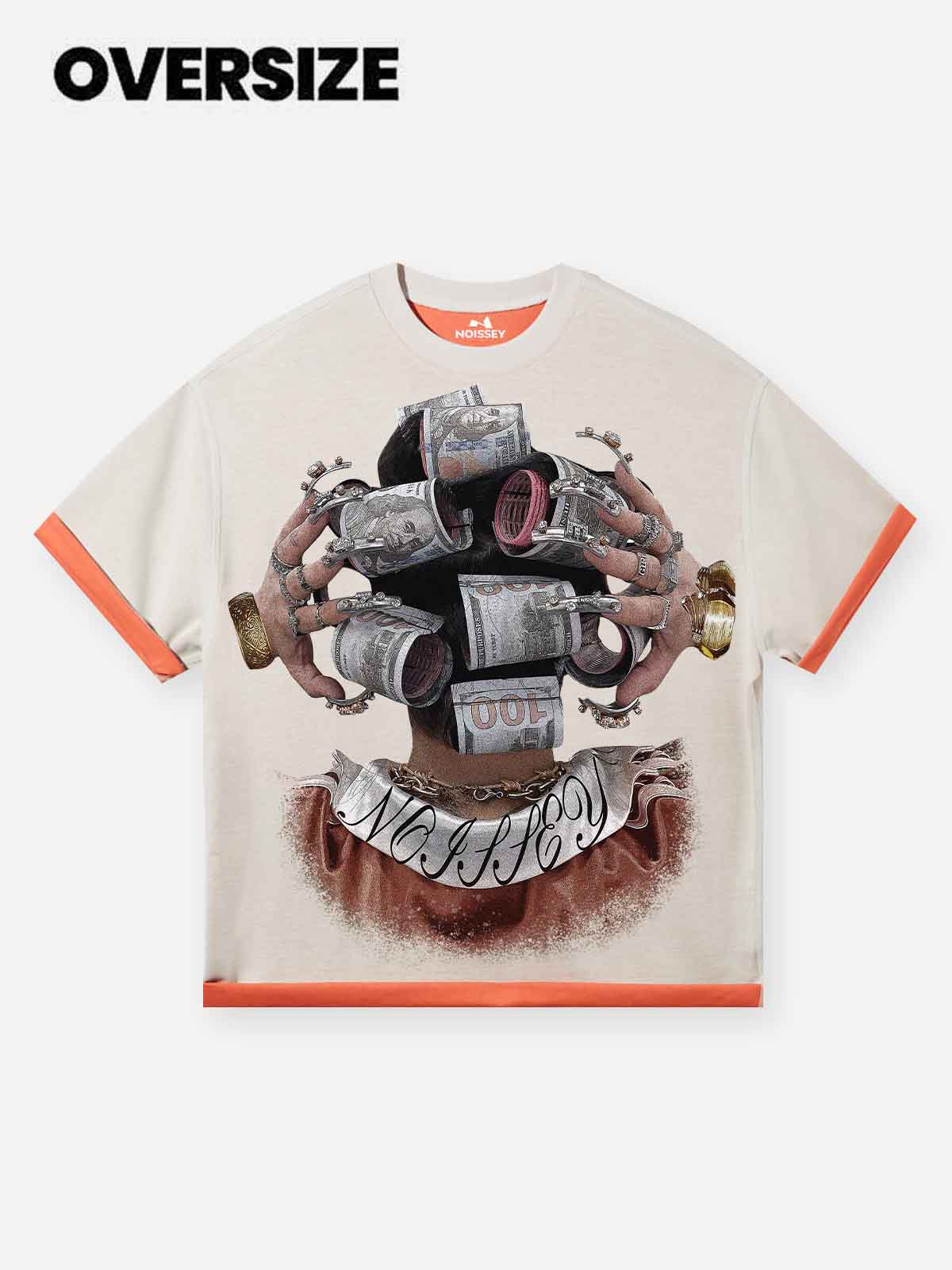 Money-Wrapped Head Street Print Washed Two-Tone T-Shirt