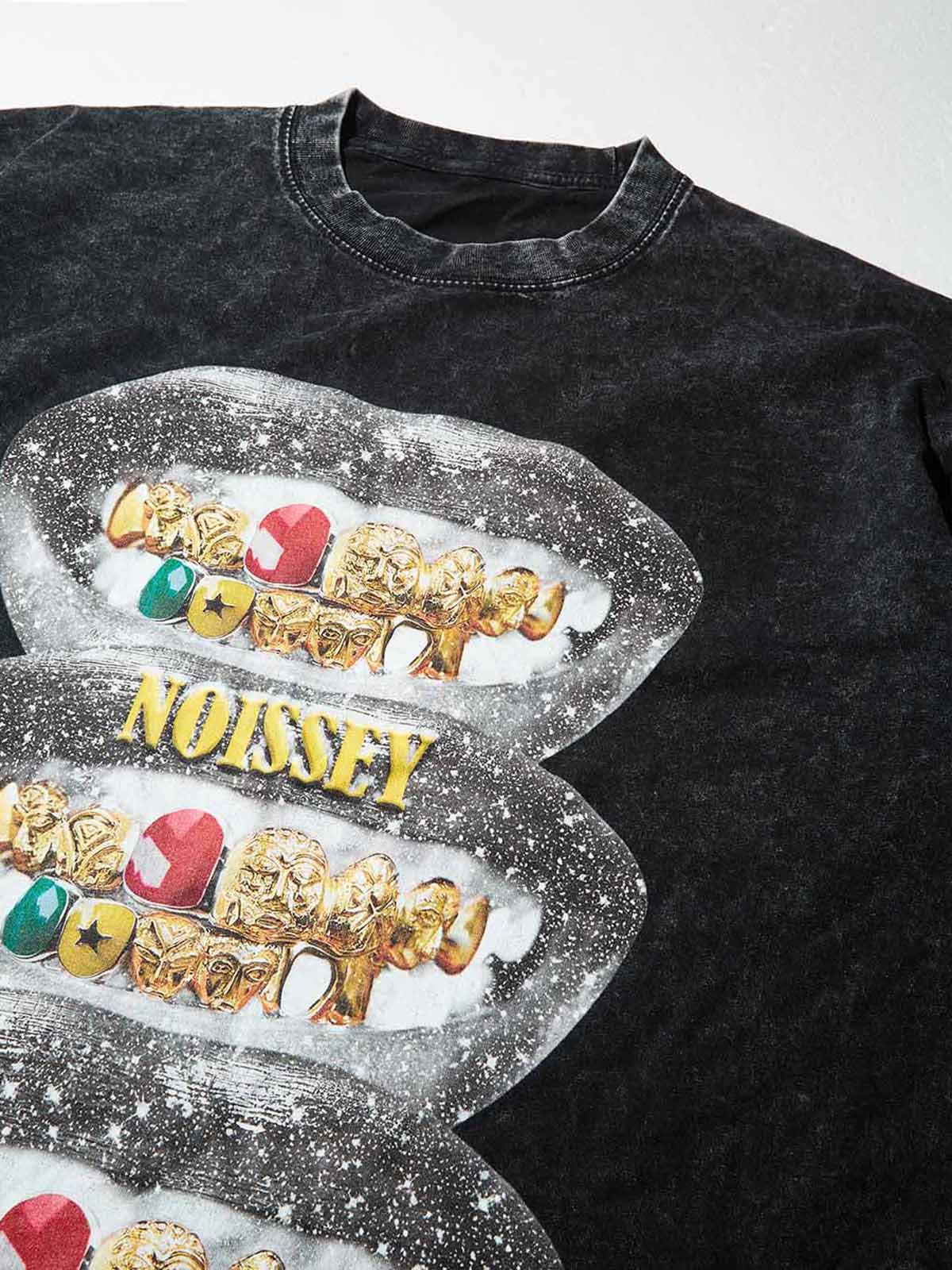 Starry Sky Vintage Grillz Washed Fake Two-Piece Print Long-Sleeve T-shirt