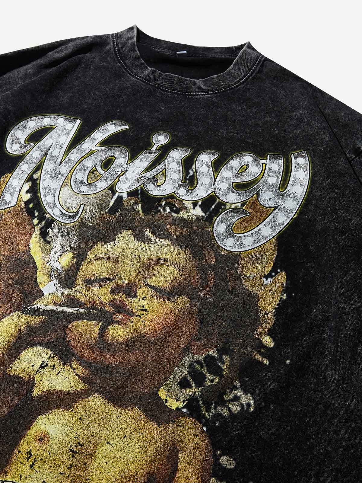 Vintage Little Angel Black Washed Fake Two-Piece Printed Long-Sleeve Shirt