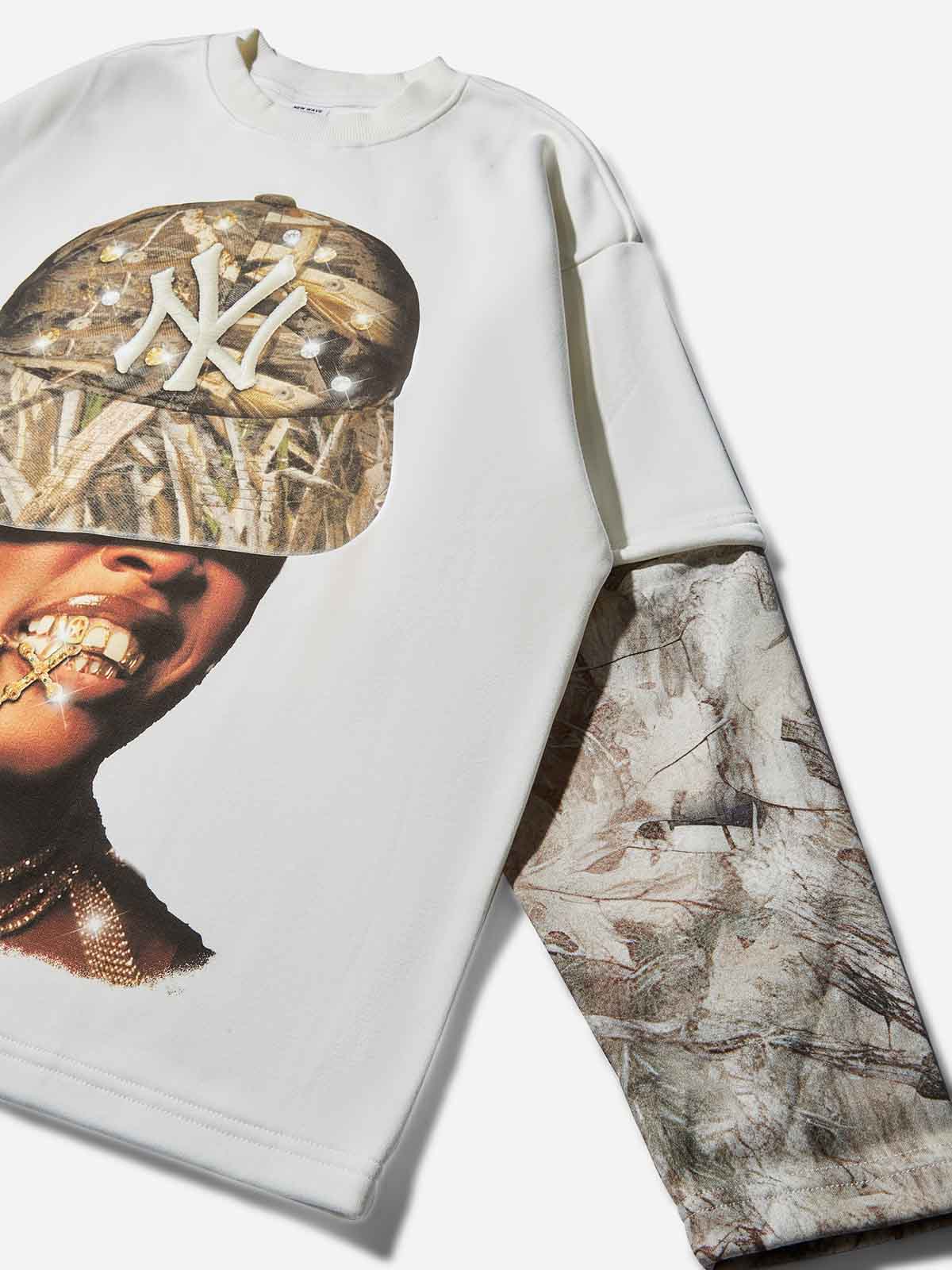 Diamond Real Tree Pattern Character Print Fake Two-Piece Long-Sleeve
