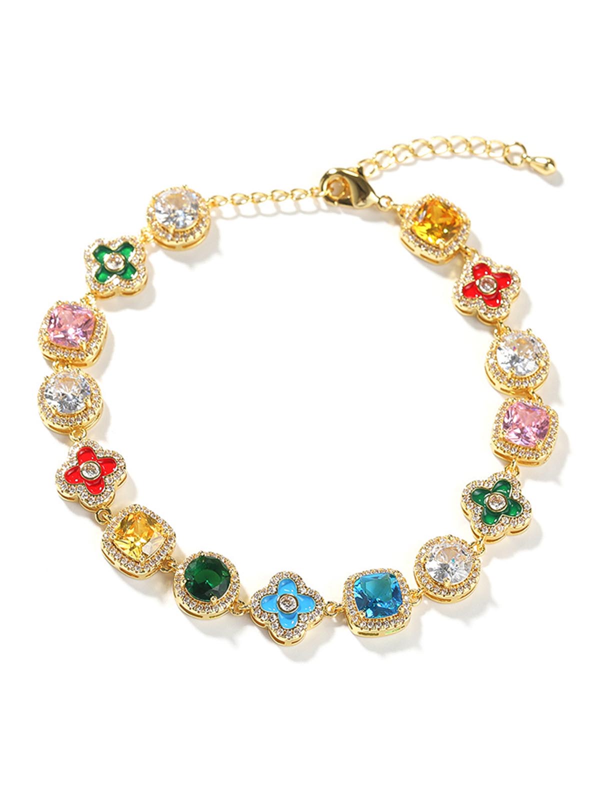 Dopamine-Colored Diamond-Encrusted Flower Geometric Adjustable Bracelet