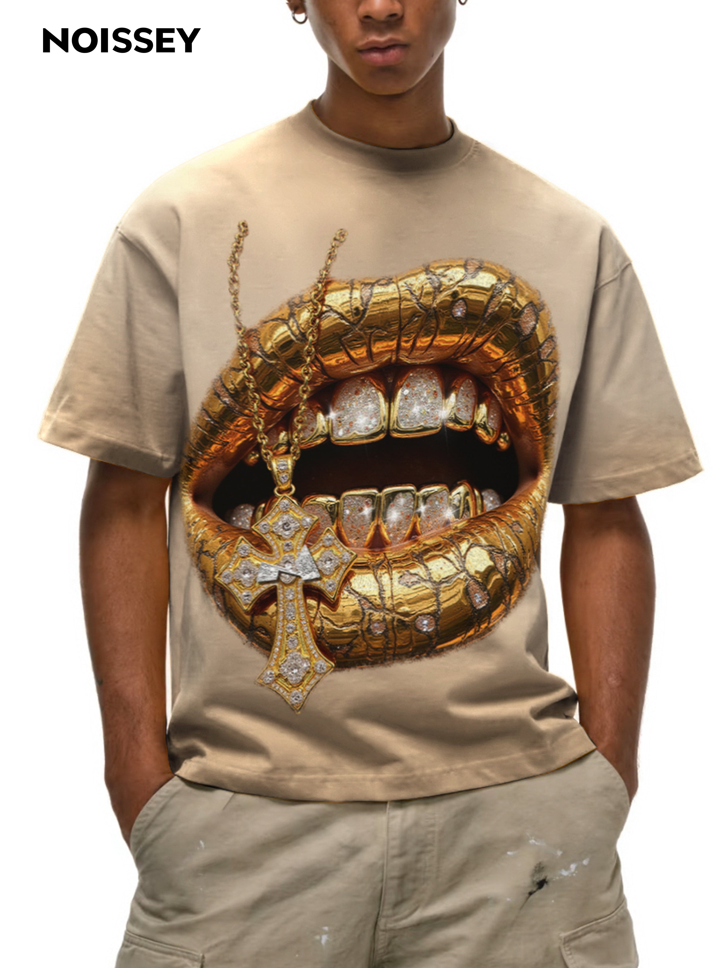 Desert Gold Art Diamond Lips Print T-Shirt