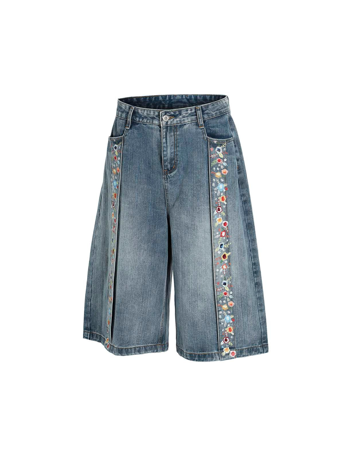 Unique Print Design Straight-Cut Mid-Split Jeans
