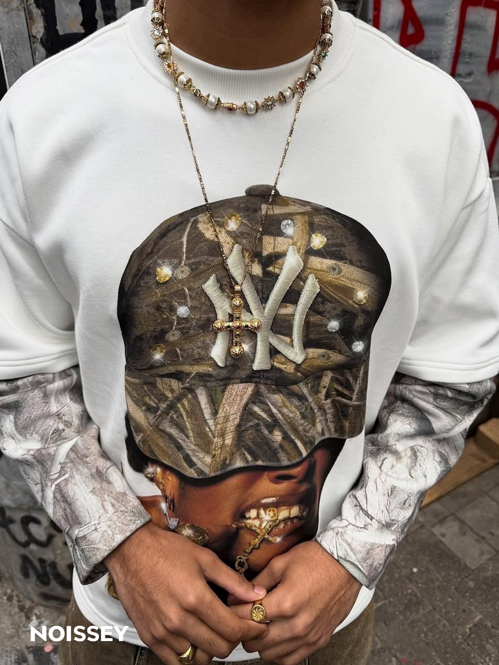 Diamond Real Tree Pattern Character Print Fake Two-Piece Long-Sleeve