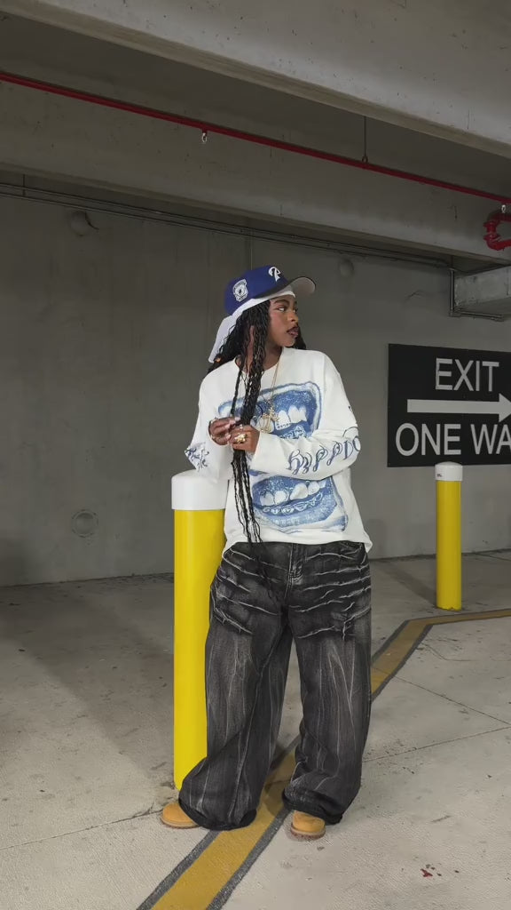 Blue Screen-Print Grills Pattern Air-Layer Long Sleeve
