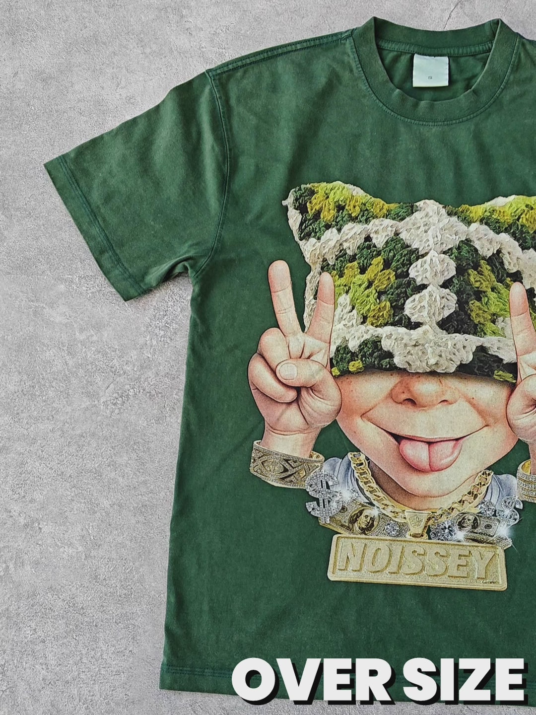 Bad boy wearing green cat hat washed green print T-shirt