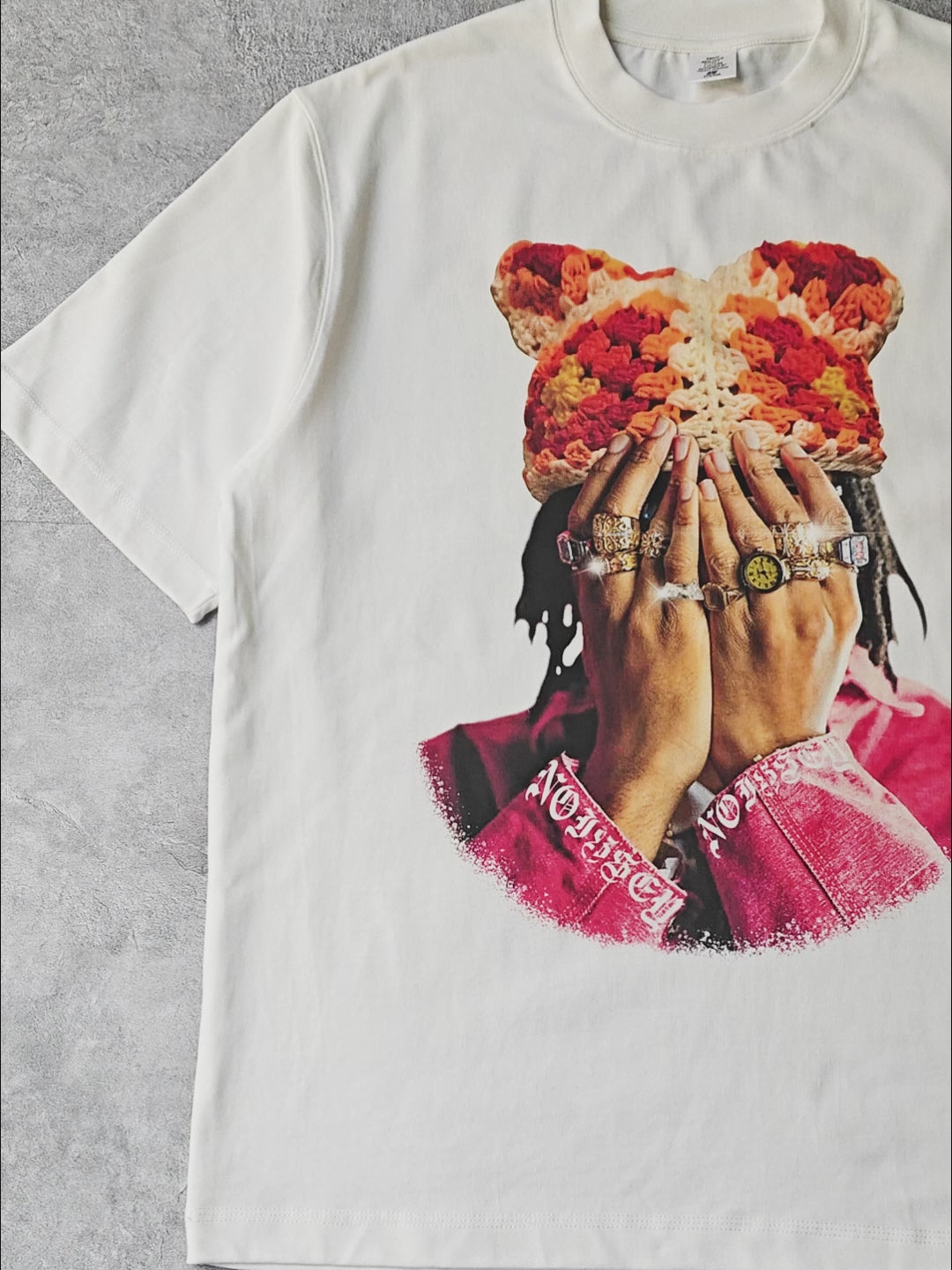 High Quality Jewel Ring & Orange Kitty Cap Wash Print heavyweight T-shirt
