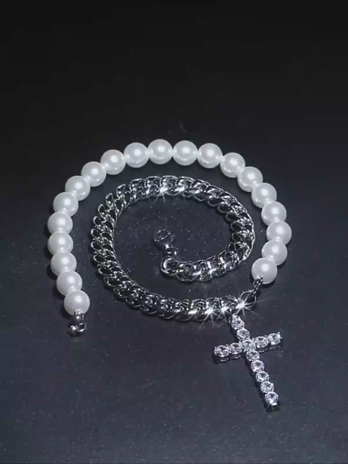 Stainless steel Cuban link and pearl combined Necklace