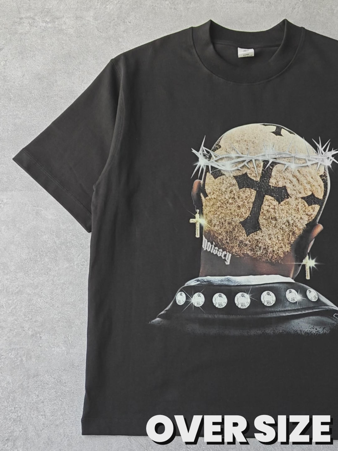High quality Cross Hairstyle and Diamond Thorn Crown Print 350g T-shirt