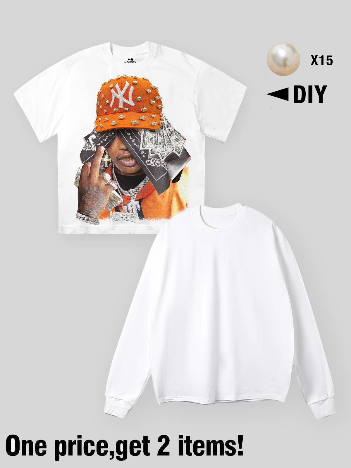 Orange Pearl Cap-style Headscarf Print Two-piece Long Sleeve T-shirt