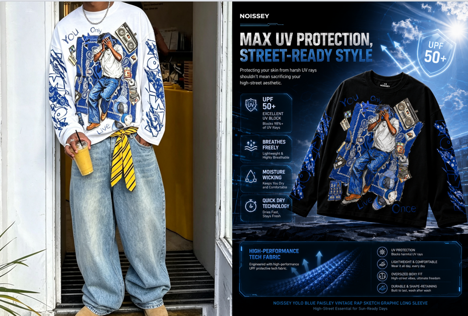 blue paisley vintage rap graphic long sleeve streetwear
