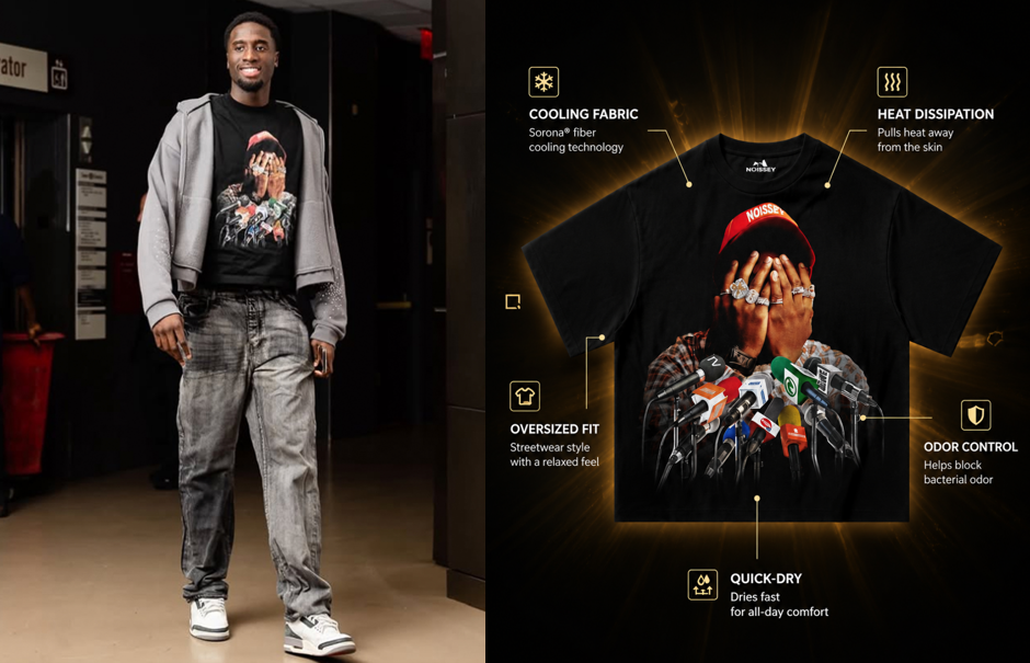 NOISSEY No Talk Paparazzi Press Cooling Boxy Tee — black oversized graphic streetwear tee engineered with Sorona antibacterial cooling fibers for heat and odor control