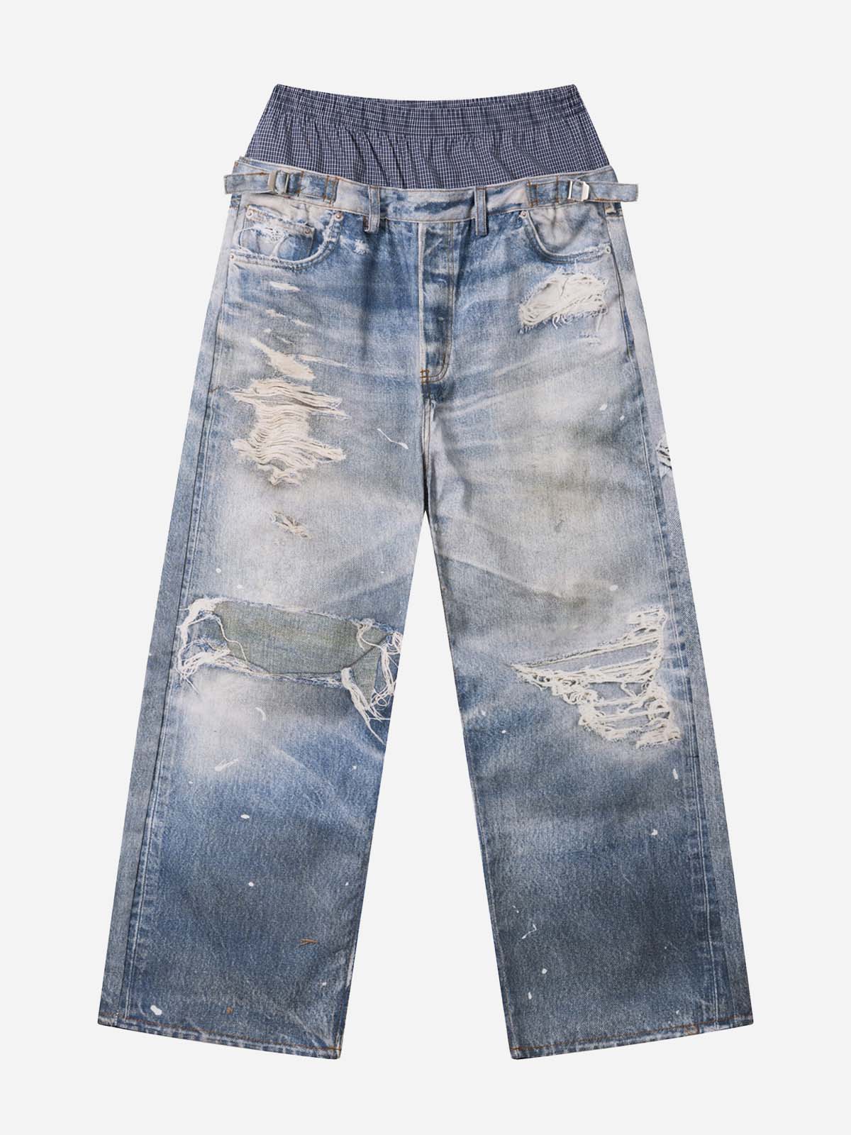 NOISSEY West Coast Double Waist Distressed Denim Texture Pants