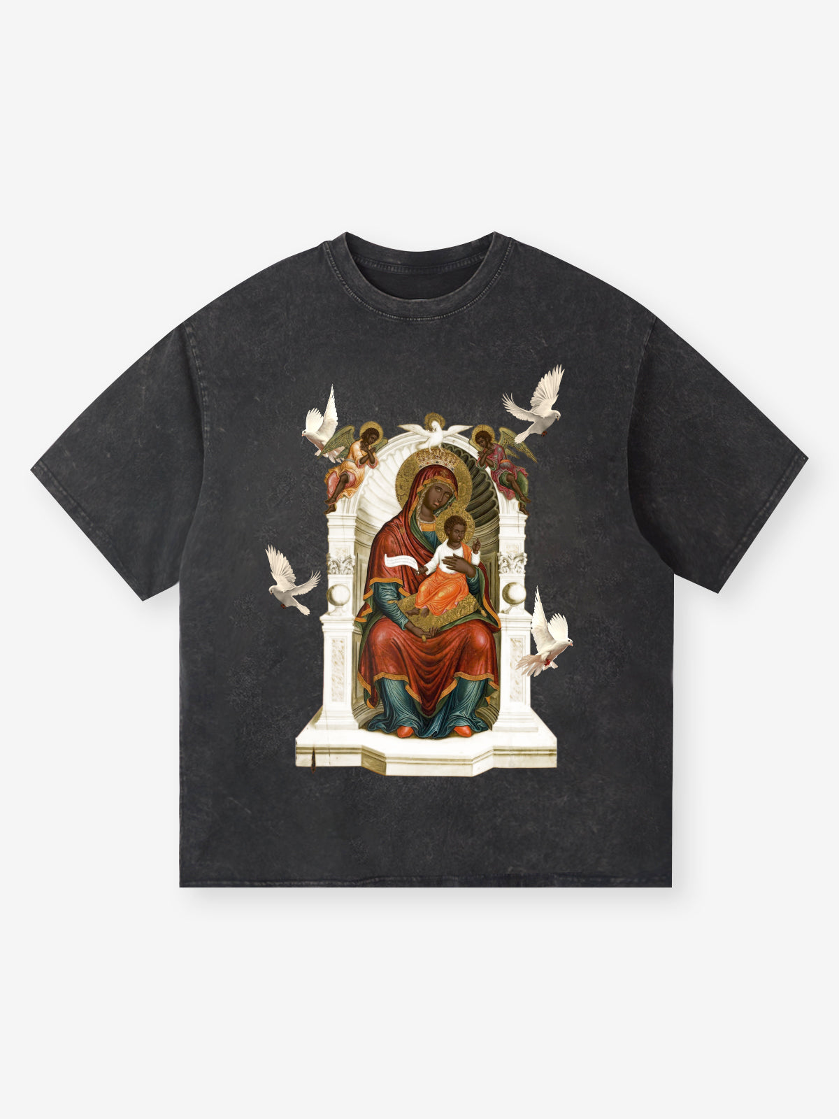 T-shirt ALLURE© noir avec peinture murale de la Vierge et de l'Enfant 300 g