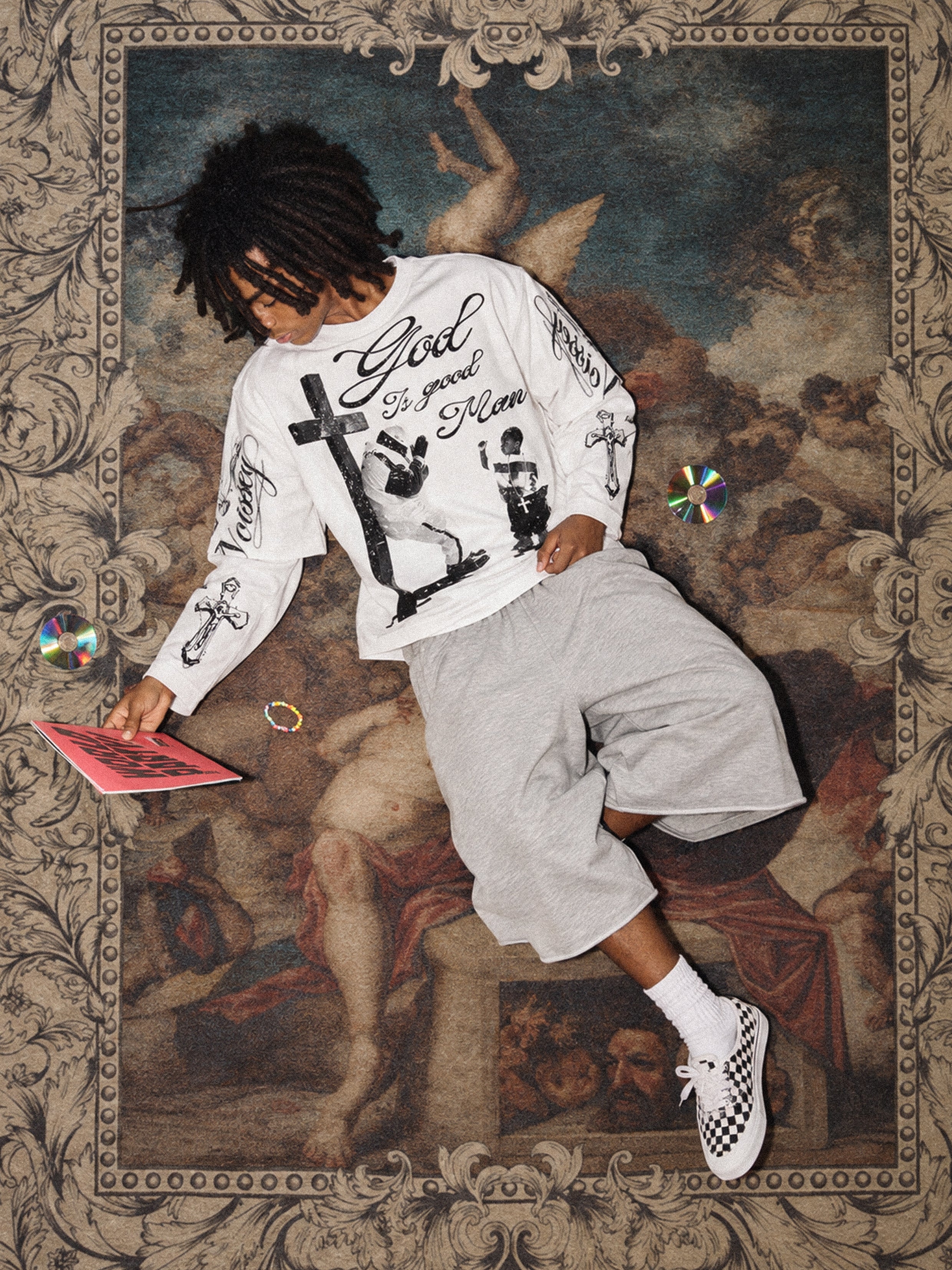 NOISSEY "God Is Good Man" Faith Theme White Faux-Layer Long Sleeves