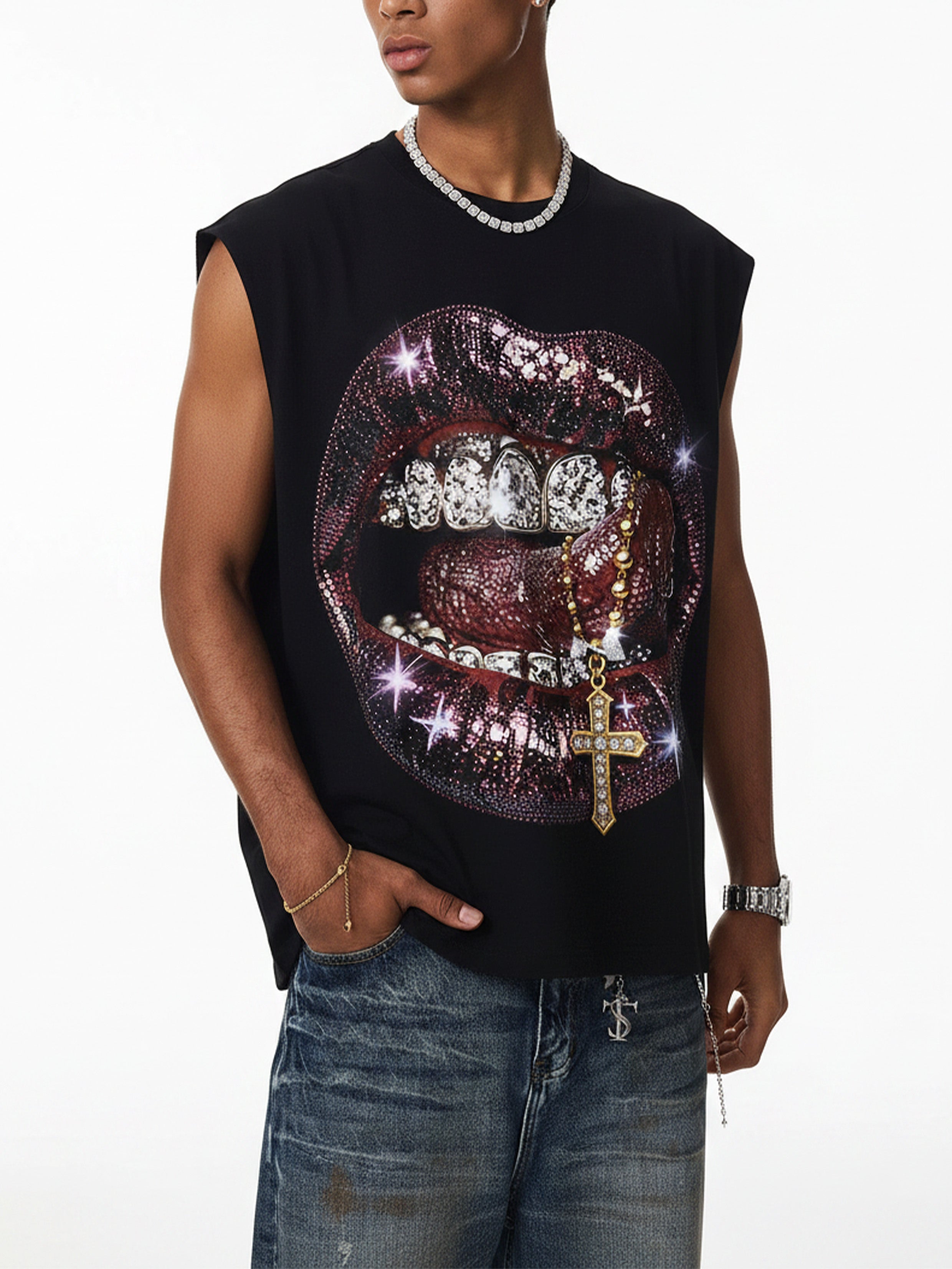 NOISSEY Rhinestone Lips Cross Graphic Art Little Oversized Tank Top - Onyx Black