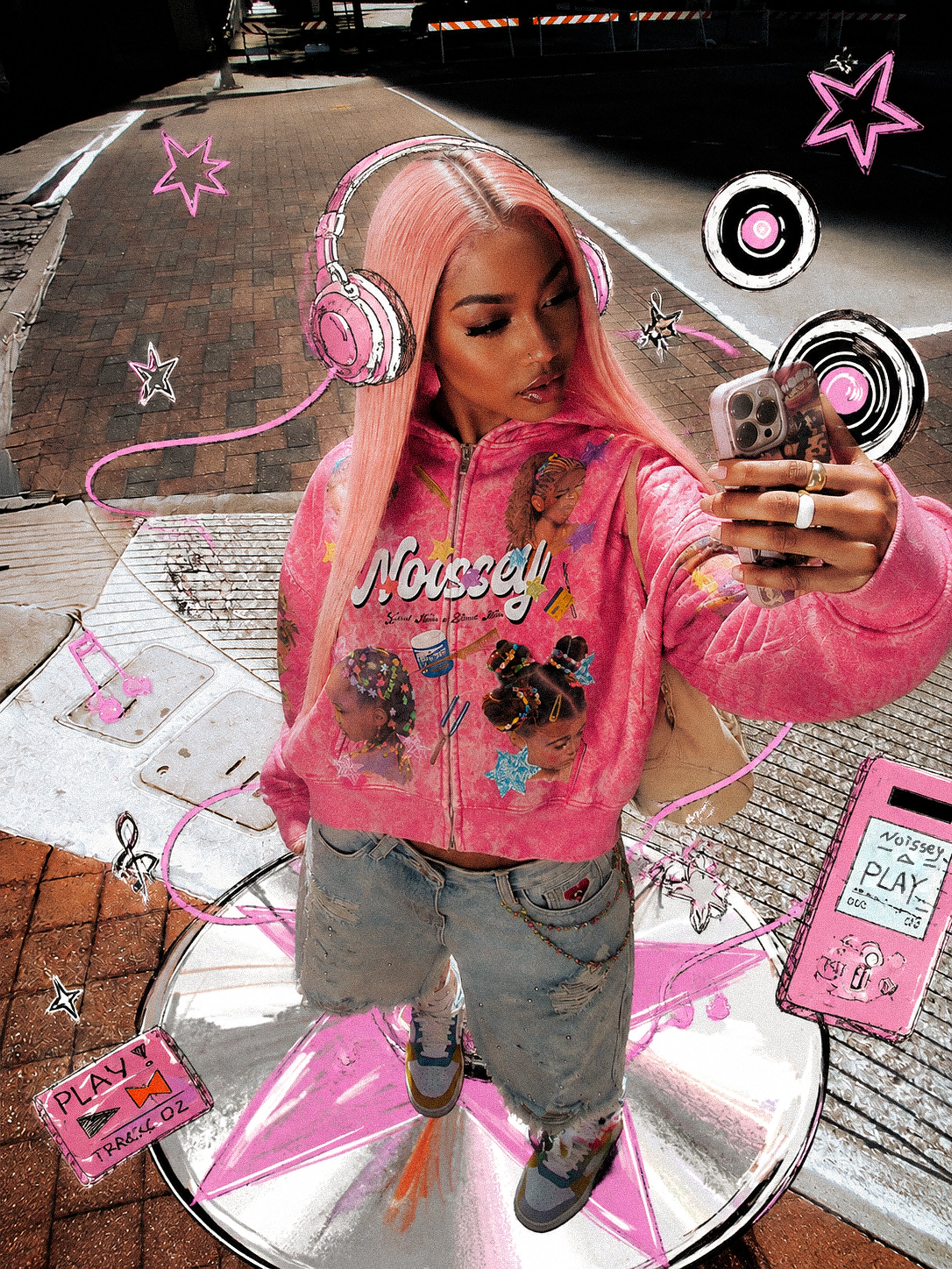 NOISSEY Acid-Washed Pink Braided Hair Culture Full-Zip Hoodie - Washed Pink