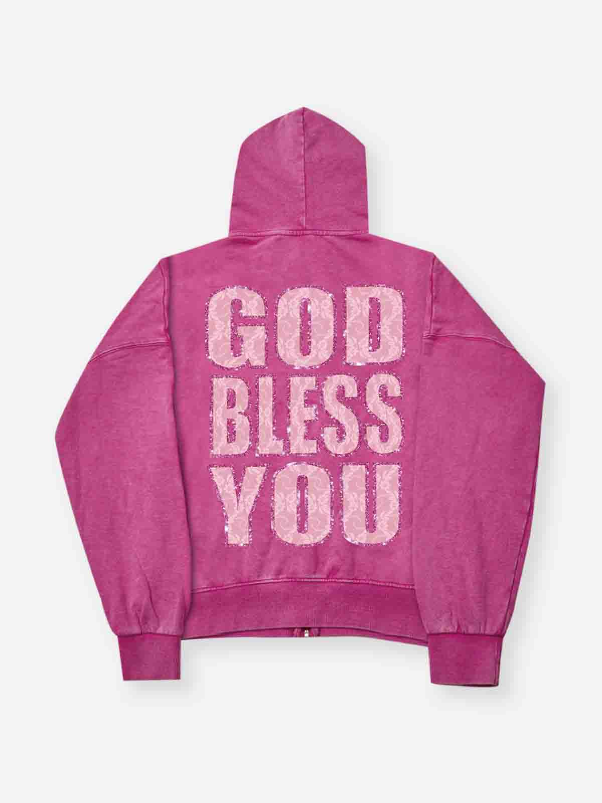 GOD BLESS YOU Bling Solgan350 Pink Wash Hoodie