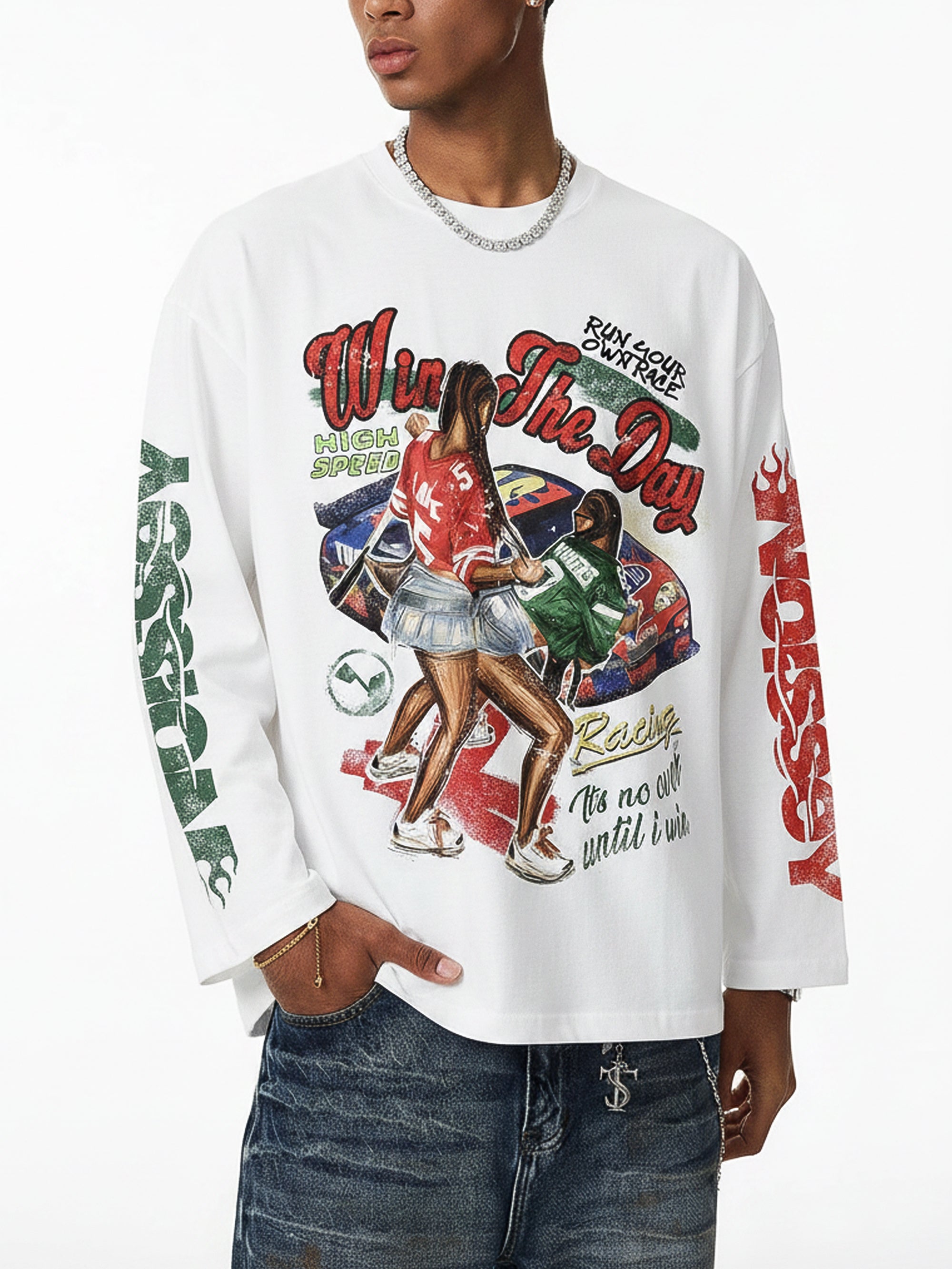 NOISSEY ""Win the Day" Racing Culture Figure Graphic Long Sleeve T‑Shirt