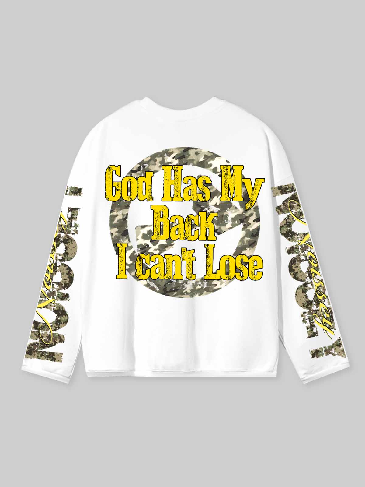 NOISSEY "God Has My Back" Camo Hip-Hop Heavy Long Sleeve Tee - White