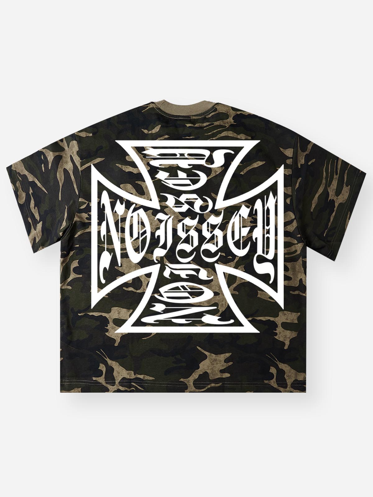 NOISSEY "IRON CROSS" GOTHIC SCRIPT CAMO OVERSIZED T-SHIRT