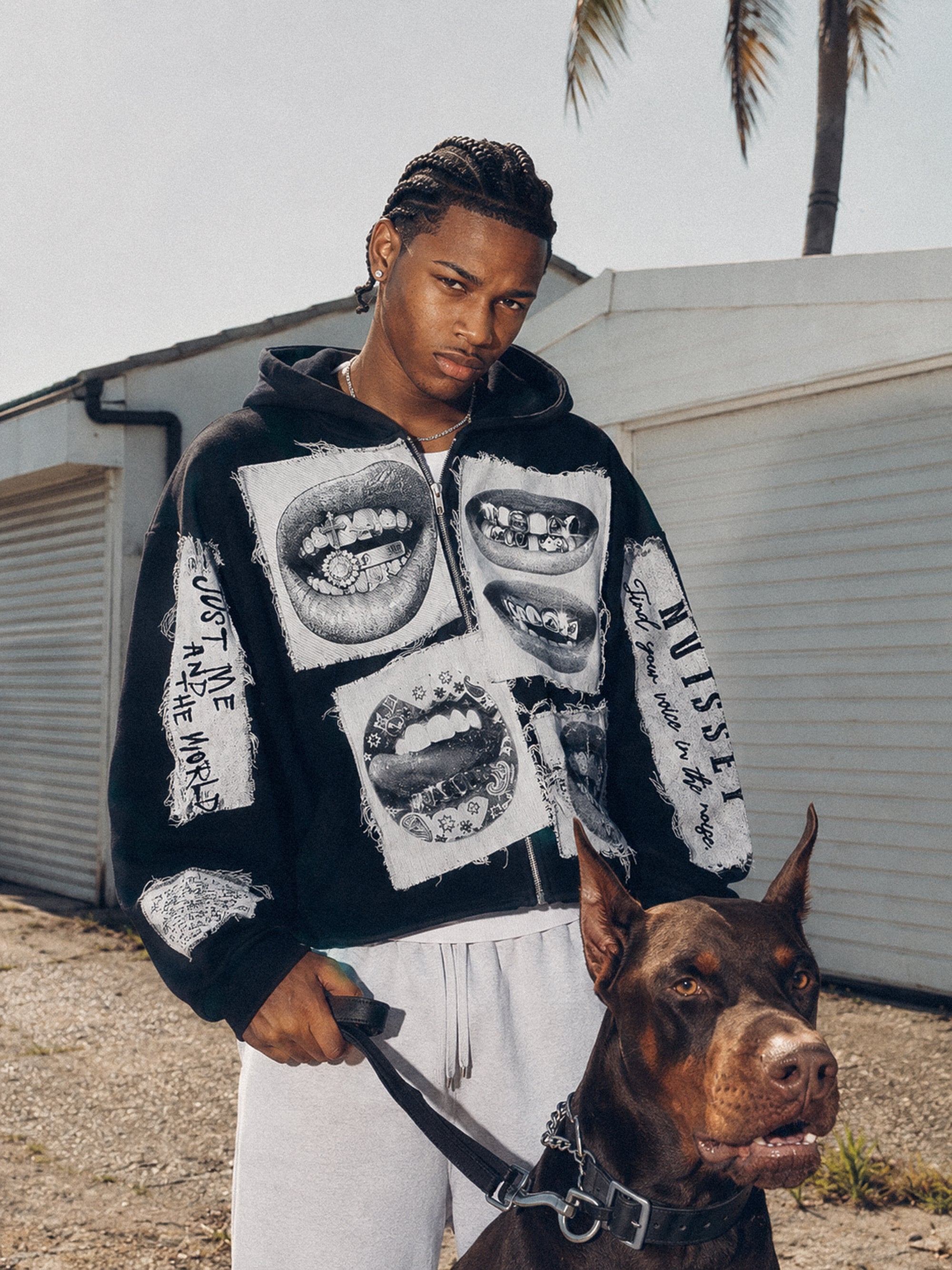 NOISSEY Black & White Diamond Grillz Faux Raw-Edge Patchwork Full-Zip Hoodie - Classic Black