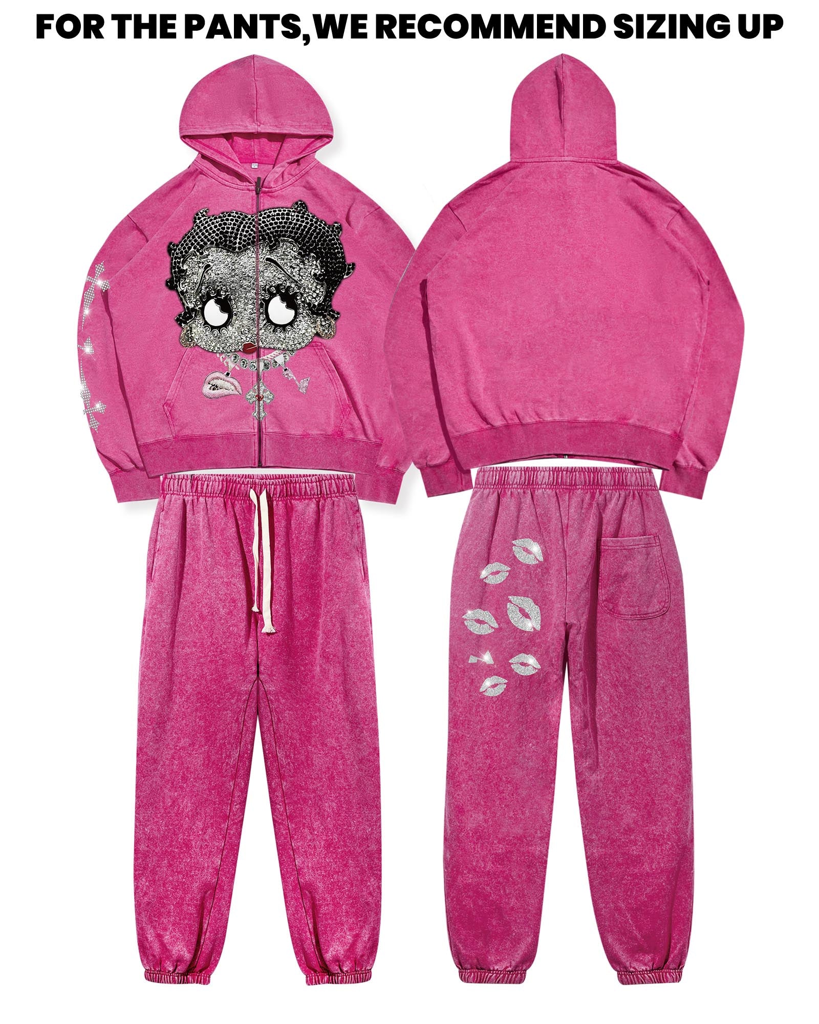 Black & White Diamond Cartoon girl 370g Pink Washed zip-up hoodie