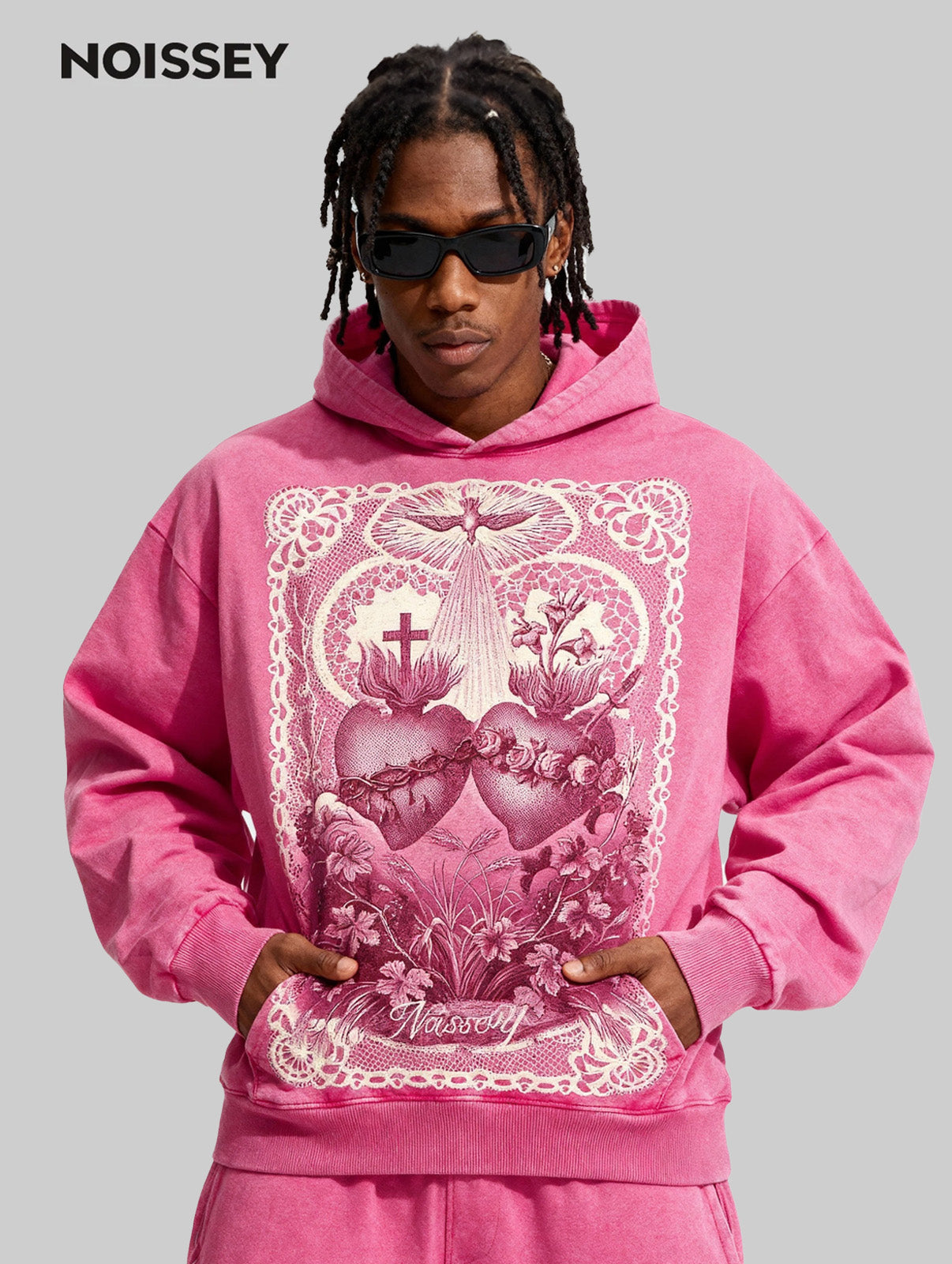 Woven Lace Art Pink Washed Print Hoodie