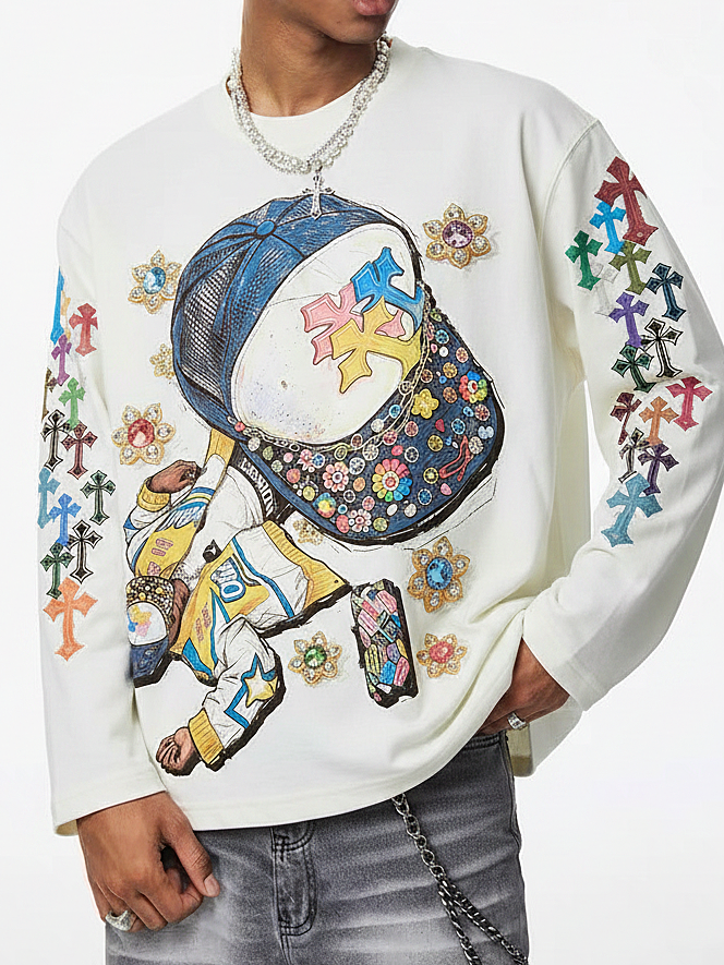 NOISSEY Hip-Hop Trucker Hat &amp; Gem Cross Graphic Long Sleeve Sweatshirt - Two Colors