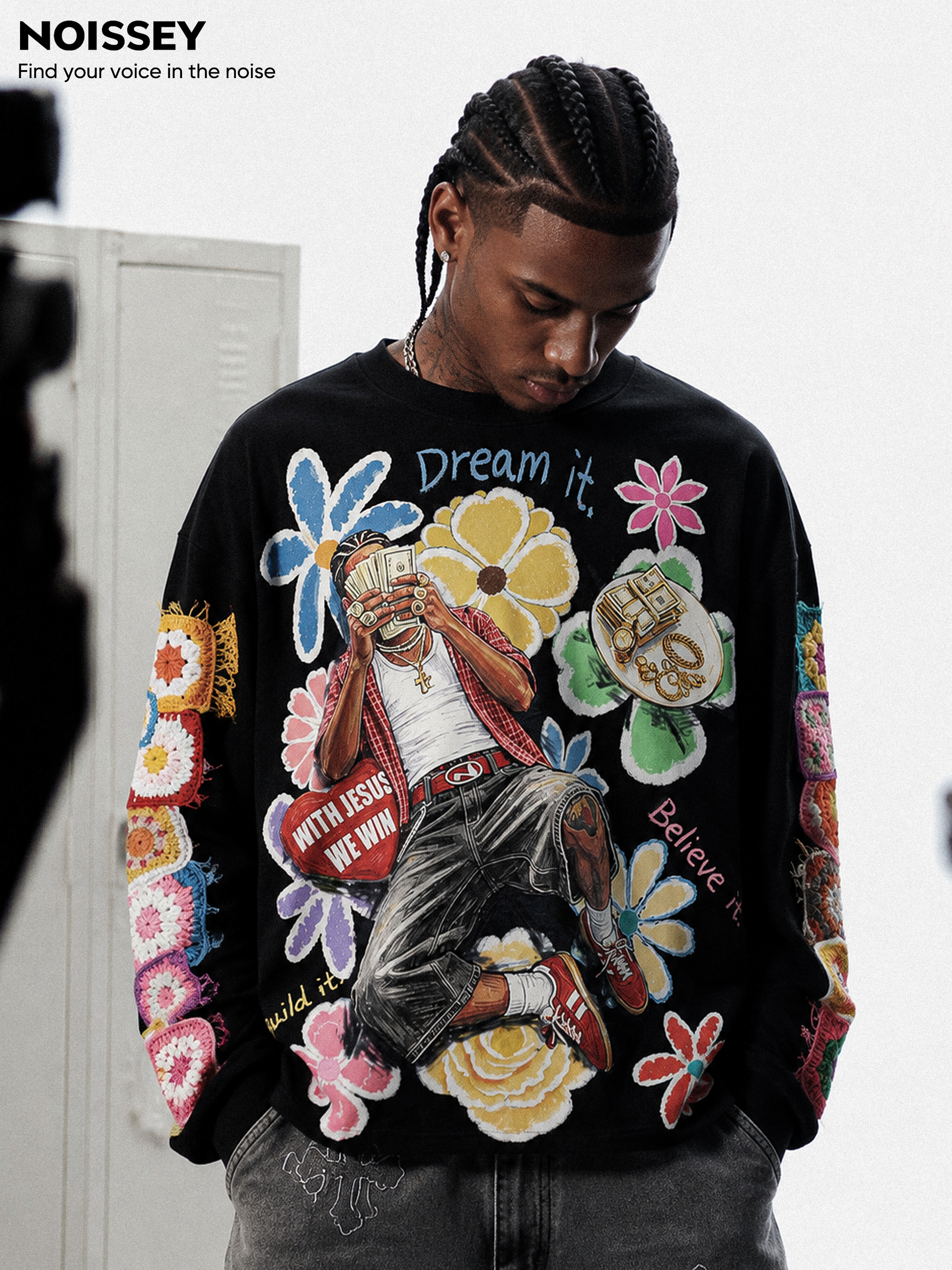 NOISSEY "Dream & Win" Fake Crochet Patchwork Floral & Cash Portrait Graphic Long Sleeve Tee Two Colors