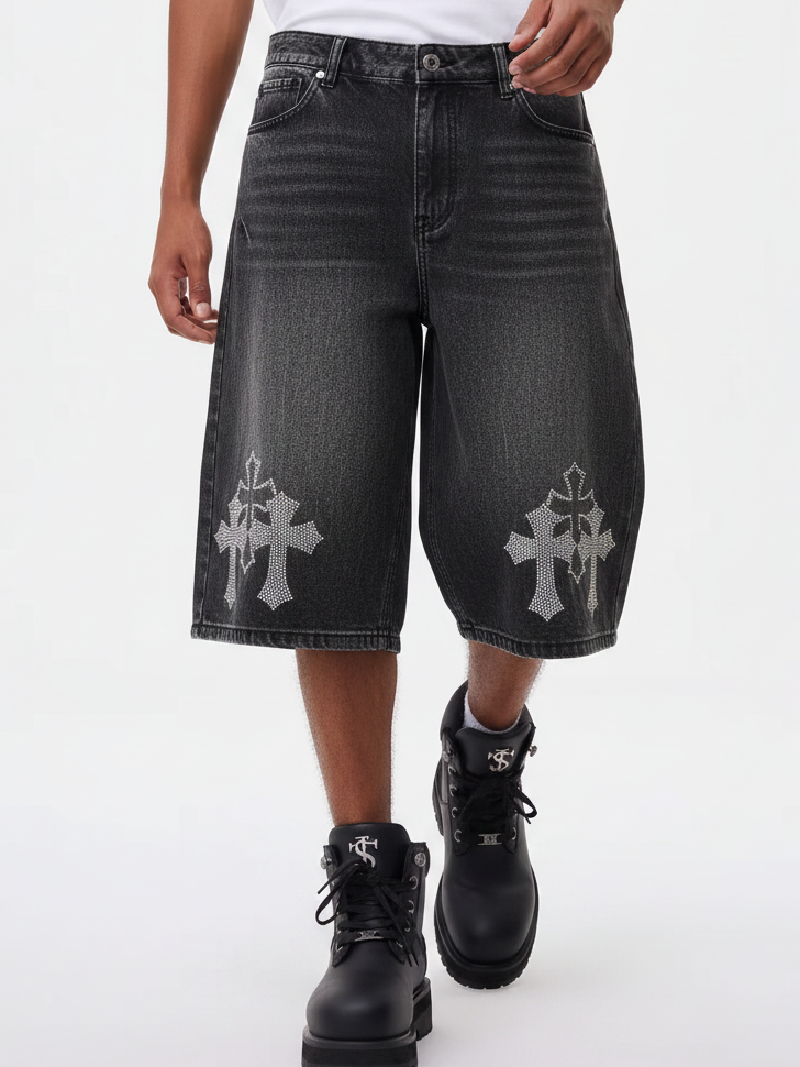 NOISSEY Rhinestone Gothic Cross Washed Denim Shorts - Black