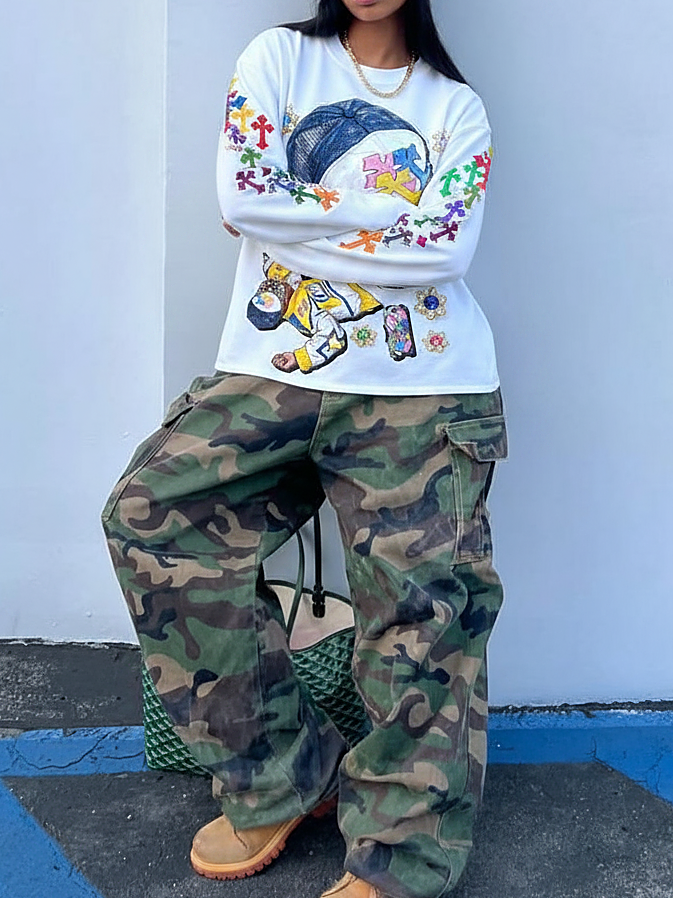 NOISSEY Hip-Hop Trucker Hat &amp; Gem Cross Graphic Long Sleeve Sweatshirt - Two Colors