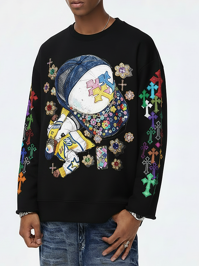 NOISSEY Hip-Hop Trucker Hat &amp; Gem Cross Graphic Long Sleeve Sweatshirt - Two Colors