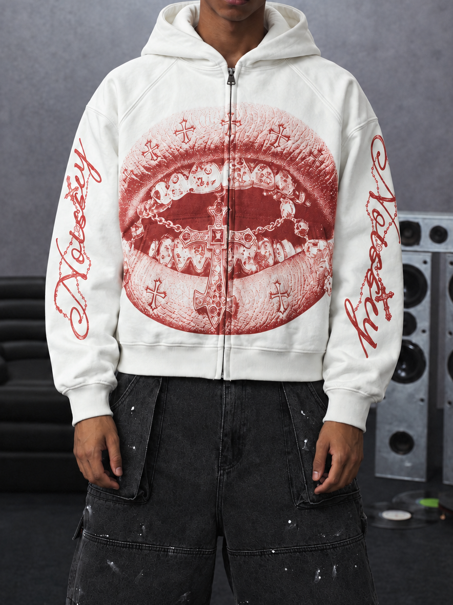 NOISSEY "Red Print Cross Grills" Full-Zip Hoodie - White