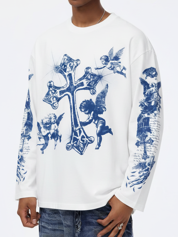 NOISSEY "Blue Cross Angels" Boxy Heavyweight Art Long Sleeve - Cloud White