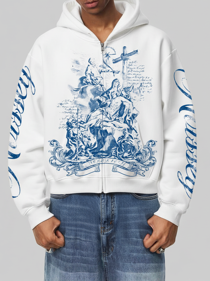 NOISSEY "Divine Grace" Blue Baroque Religious Cross Zip-Up Hoodie - White