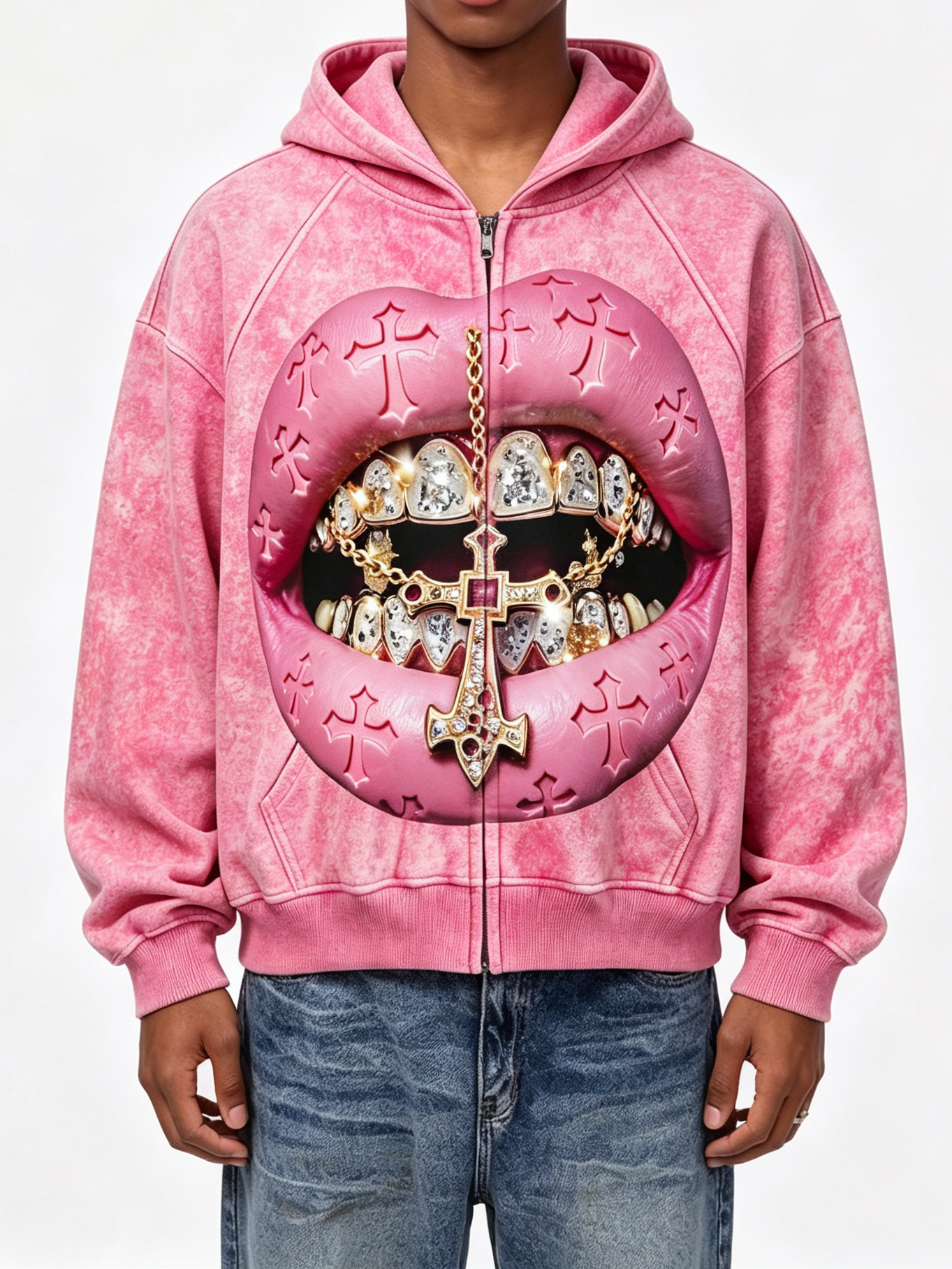 NOISSEY Pink Crucifix Lips Washed Iced Out Zip-Up Hoodie - Pink Hoodie