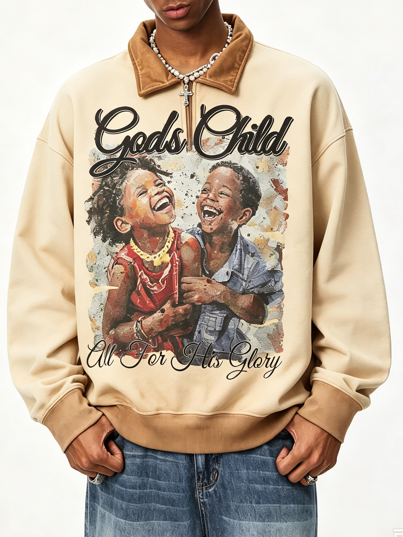 NOISSEY Gods Child Vintage Quarter-Zip Long Sleeve Polo - Streetwear Pullover