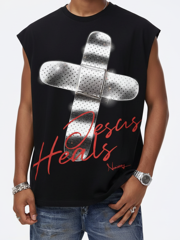 NOISSEY Metallic Bandage Cross Graphic Vest - Jet Black