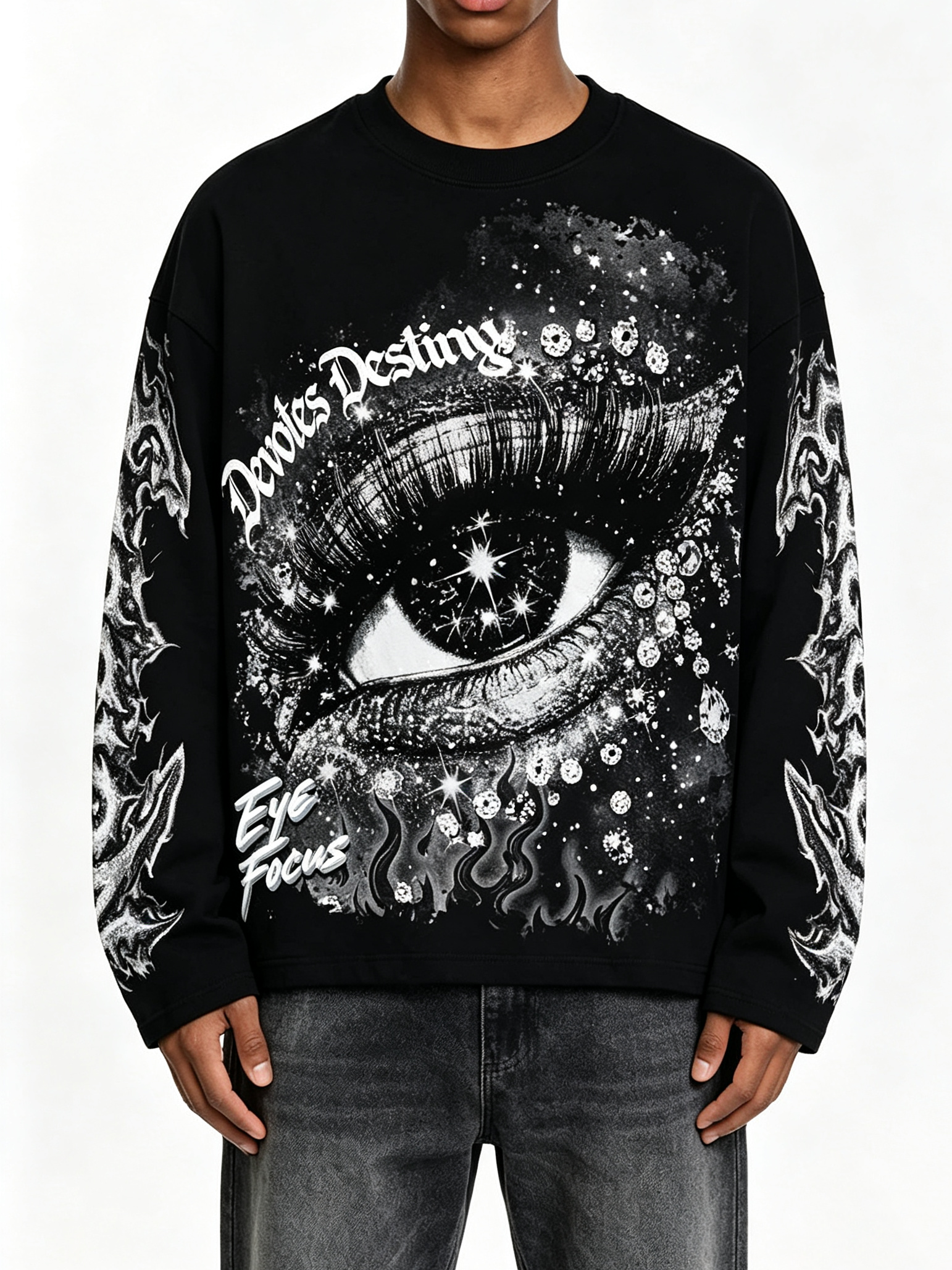 NOISSEY Devotes Destiny Mystic Eye Rhinestone Heavyweight Cotton Blend Long Sleeve
