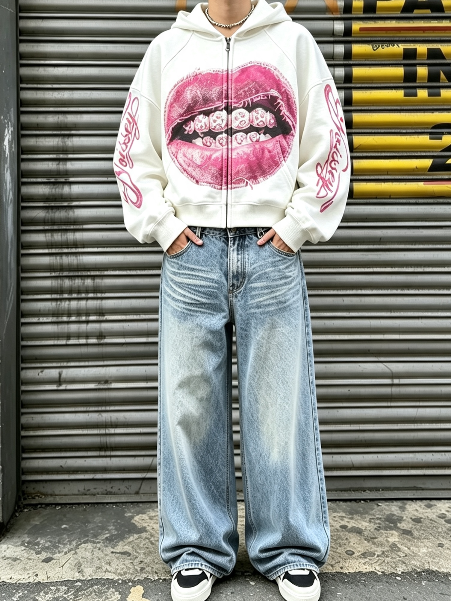 NOISSEY Faux-Distressed Pink Lips & Iced-Out Grillz Zip-Up Hoodie - Pearl White