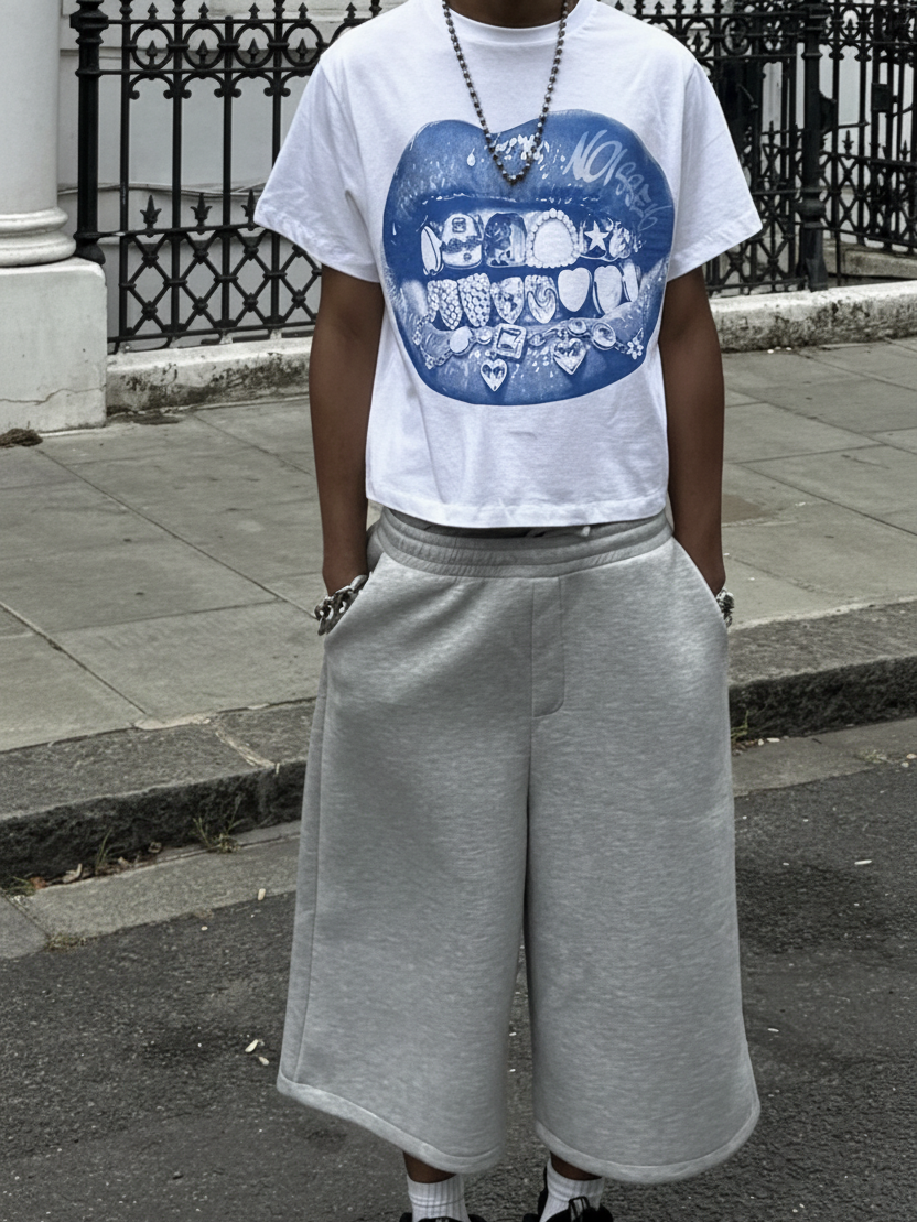 NOISSEY Blue Iced-Out Grillz Lips Graphic T-Shirt - White Boxy  Streetwear Tee