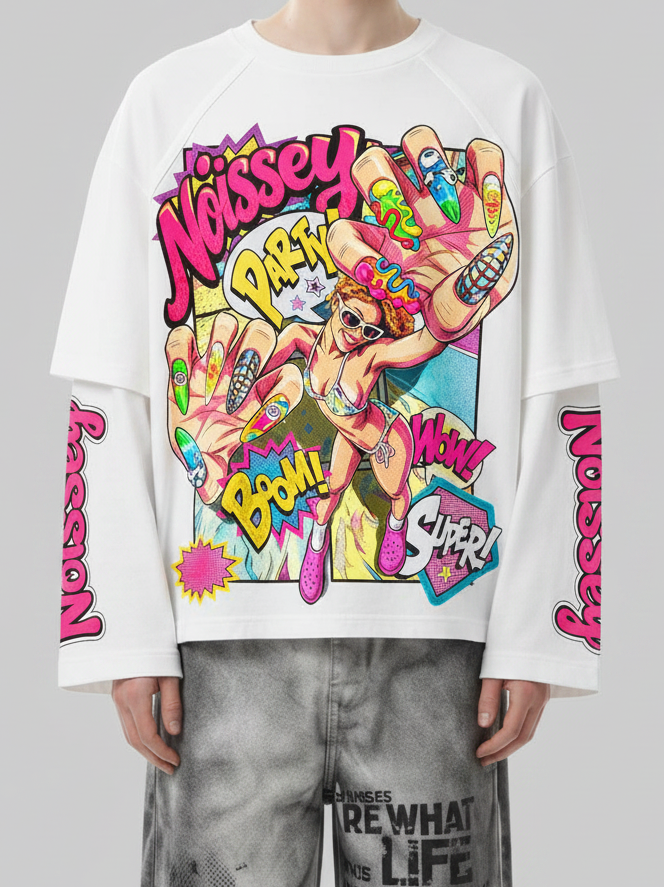 NOISSEY Pop Art Party Girl & Nail Art Faux Layer Long Sleeve T-Shirt - Pure White
