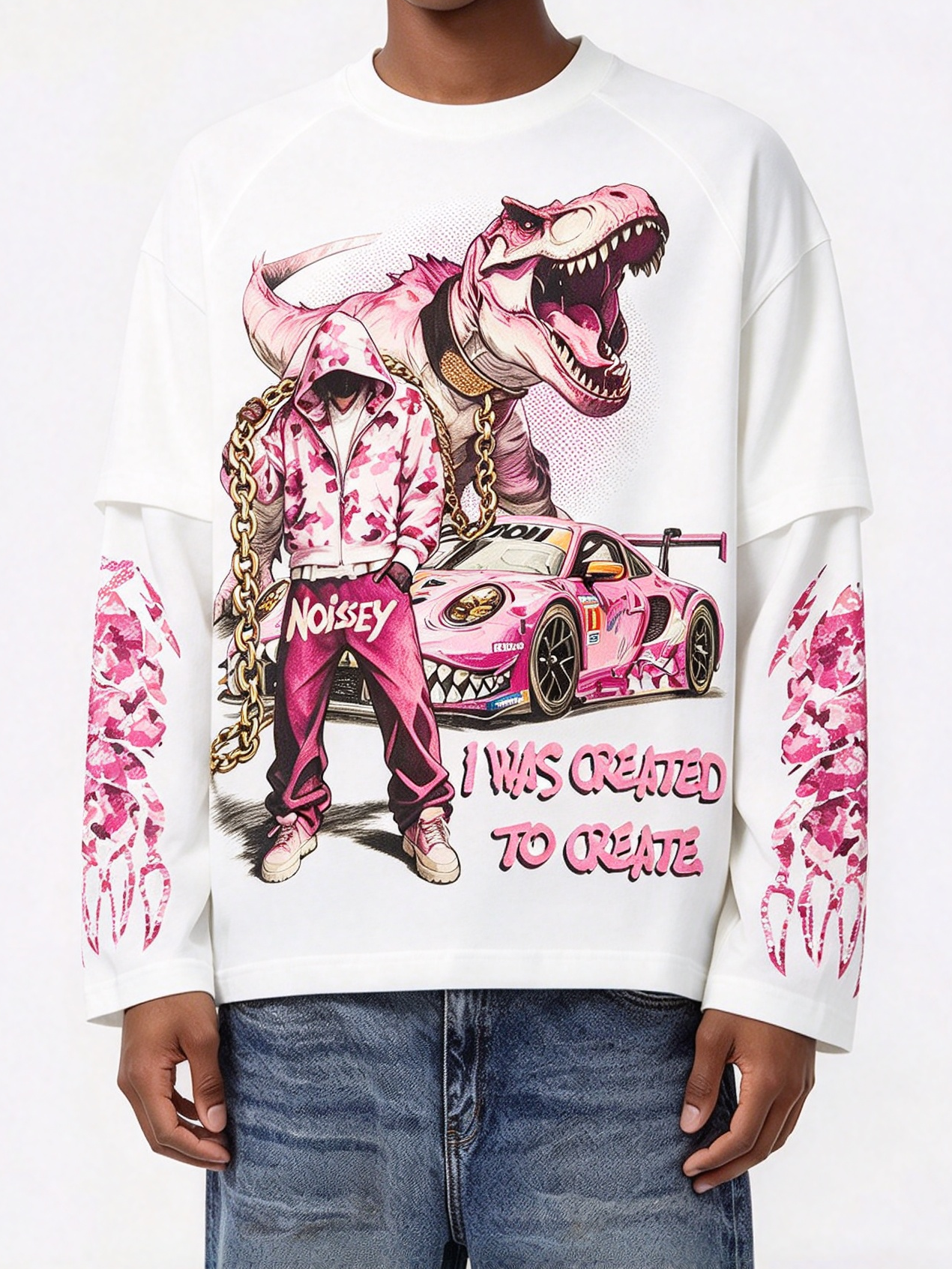 NOISSEY "I Was Created to Create" Pink Camo Dino Fake Two-Piece Long-Sleeve Tee
