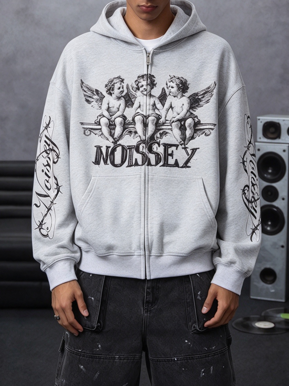 NOISSEY "Angel Religion" Vintage Grey Full-Zip Hoodie